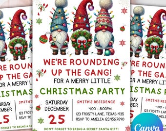 May include: Christmas party invitations featuring illustrations of gnomes wearing festive hats and holding ornaments. The text reads "We're rounding up the gang!" and includes party details like date, time, and location. The Canva logo is visible.
