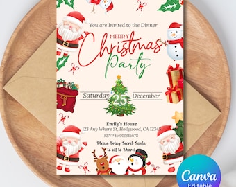 May include: A festive Christmas party invitation with Santa Claus illustrations, a Christmas tree, and the text "Merry Christmas Party." The invitation includes the date, time, and RSVP information. The design features a light beige background with red and green accents.