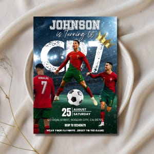 May include: A soccer-themed birthday invitation featuring a central image of a soccer player in a red and green uniform, with the text "JOHNSON is Turning 06" and "CR7". The date is August 25th, Saturday. Includes address and RSVP information.