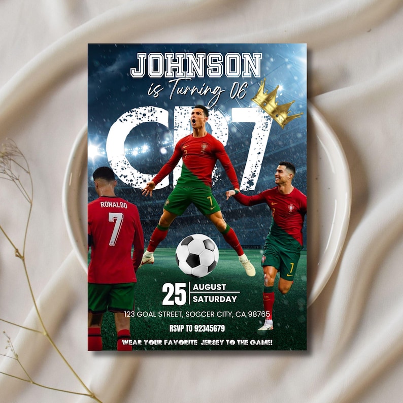 May include: A soccer-themed birthday invitation featuring a central image of a soccer player in a red and green uniform, with the text "JOHNSON is Turning 06" and "CR7". The date is August 25th, Saturday. Includes address and RSVP information.
