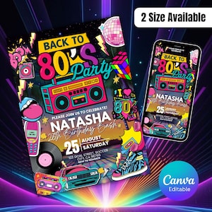 80s Birthday Invitation, Back to the 80s, Neon Party Invite, Neon Glow Birthday Party, Glow Dance Disco, 2000s, 90s, Instant Download
