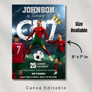 May include: A soccer-themed invitation with a photo of a soccer player in a red and green uniform. The invitation includes the text "JOHNSON is Turning 06" and "CR7". The size is 5" x 7" in.