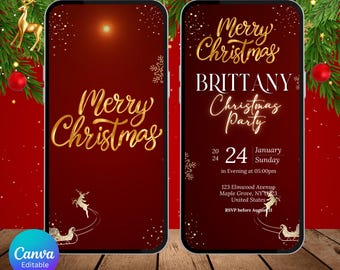 Pode incluir: Duas telas de smartphone exibindo um convite para uma festa de Natal. O convite apresenta uma escrita dourada que diz "Merry Christmas" e "Brittany Christmas Party" em um fundo vermelho escuro. A data é 24 de janeiro.