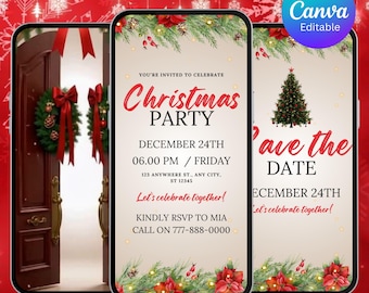 Pode incluir: Três telas de smartphones exibindo convites para festas de Natal. Os convites apresentam designs festivos com o texto "Christmas Party" e "Save the Date". Os detalhes incluem data, hora e informações de RSVP. O fundo é um tema de Natal vermelho e branco.