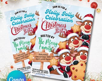 May include: Two Christmas party invitations with a festive design. The invitations feature reindeer illustrations, star-shaped cookies, and the text "Holly Jolly Celebration Christmas Party." The invitations are hosted by "The Merry Family."