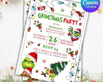 Peut inclure: Deux cartons d'invitation blancs sur le thème de la fête de Grinchmas. Les cartes présentent le texte "GRINCHMAS PARTY" et comprennent des illustrations du Grinch, des cannes en bonbon et des guirlandes lumineuses. Les cartes incluent également les détails de l'événement.