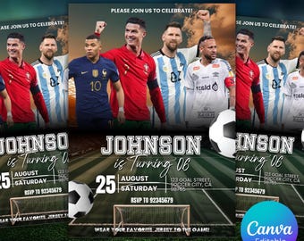 Plantilla editable de invitación de cumpleaños de fútbol, fiesta deportiva personalizada, estrellas del fútbol, Messi, Ronaldo, Mbappé, Neymar, RSVP imprimible