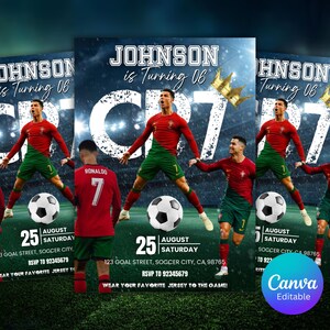 May include: Soccer-themed birthday party invitation featuring a soccer player in a red and green uniform. The invitation includes the text "JOHNSON is Turning 06" and "CR7", along with event details and a soccer ball graphic.