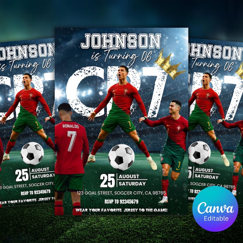 May include: Soccer-themed birthday party invitation featuring a soccer player in a red and green uniform. The invitation includes the text "JOHNSON is Turning 06" and "CR7", along with event details and a soccer ball graphic.