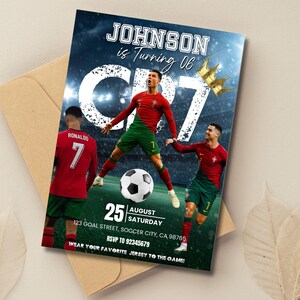 May include: A soccer-themed invitation with a green and blue background. The invitation features a soccer ball, images of a soccer player in a red and green uniform, and the text "JOHNSON is Turning 06". The date is August 25th.