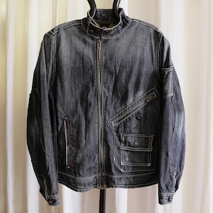Vintage Y2K G-Star RAW 3301 Rope Carter Cyber Biker Embroidered Denim Jacket - Size XXL.