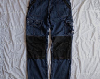 Ropa de trabajo vintage de mezclilla oscura para hombre - Vaqueros cargo rectos - Pantalón utilitario cómodo - 86 cm