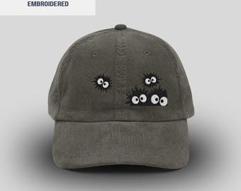 Makkuro Kurosuke, Susuwatari, Fluffy Black Creatures Hat | Embroidered | Corduroy Cap | Retro style | Unisex