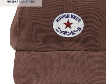 Nippon Japan Beer Embroidered Retro Hat | Vintage Corduroy Cap| Old Style Logo | Hand Drawing