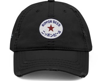 Nippon Japan Beer Embroidered | Distressed Dad Cap | Old Style Logo | Hand Drawing