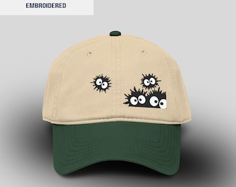 Makkuro Kurosuke, Susuwatari, Fluffy Black Creatures Hat | Embroidered | Washed Baseball Cap | Retro style | Unisex