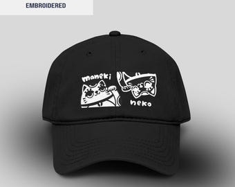 Manekineko Hat | Japanese Good Luck Cat cap| Embroidered | Washed Baseball Cap | Retro style | Unisex