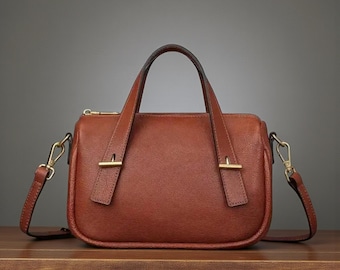 Handmade Black Leather Barrel Bag: Mini Boston Bag With Top