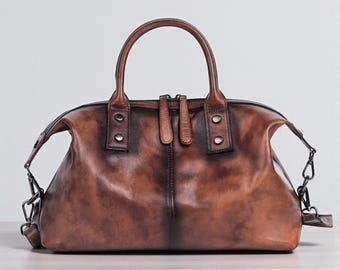 Vintage Hand Painted Genuine Cowhide Leather Hobo Women Shoulder Handbag, Large Top Handle Hobo Purse Bag with Zipper, Laptop Work Tote Bag
