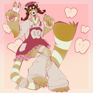 May include: Digital illustration of a red panda character in a chef's outfit, with an apple-shaped apron and a beret. The character is making a peace sign and has a playful expression, with a pink and white background.