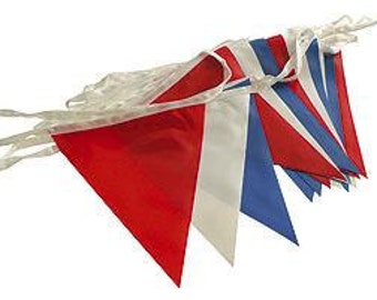 Red white and blue bunting (21 pennants, 8 metres) rip stop nylon sewn to tough nylon tape, indoor and outdoor use