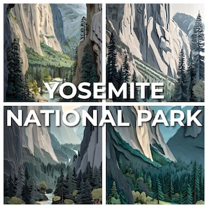 May include: A four-panel image featuring a stylized illustration of Yosemite National Park. The artwork depicts towering rock formations, lush green forests, and a river. The words "YOSEMITE NATIONAL PARK" are prominently displayed in white text.
