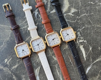 Square Face Women Watch, Quartz Wristwatch, Gold Tone Case, Faux Leather Strap, Ladies Gift