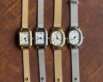 Minimalist Square Gold Mesh Watch Roman Numeral Small Elegant Bracelet Gift for Her
