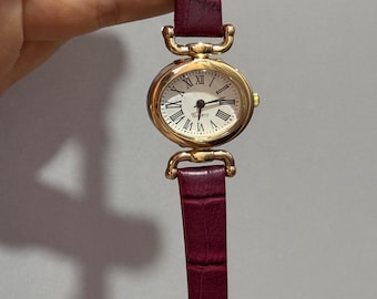 Gold Oval Women’s Watch:  Burgundy Leather Strap,Small Dial Quartz,Gift for Her