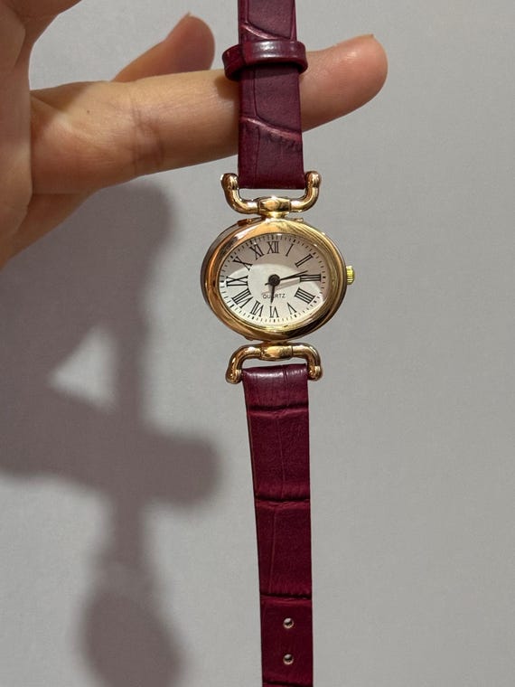 Gold Oval Women’s Watch:  Burgundy Leather Strap,Small Dial Quartz,Gift for Her