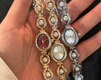 Pearl Bracelet Watch for Women, Gold, Silver or Burgundy, Quartz Movement, Gift for Her