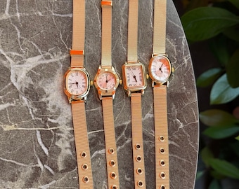 Gold Tone Oval Roman Numeral Watch, Women’s Mesh Bracelet, Elegant Small Wristwatch Gift