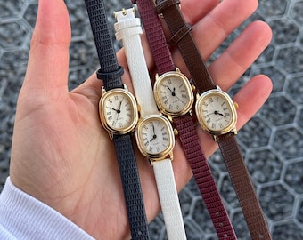 Oval Women’s Watch, Faux Leather Strap, Small Dial Quartz Watch, Gift for Her