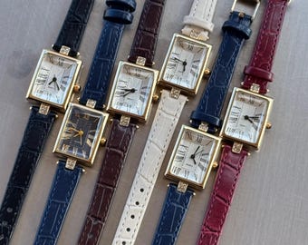 Rectangle Women’s Watch, Faux Leather Strap, Small Dial Quartz Watch, Gift for Her