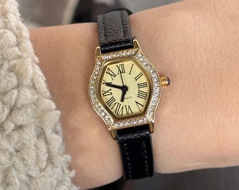 Hexagon Women’s Watch, Leather Strap Watch, Minimalist Quartz, Small Dial, Gift for Her