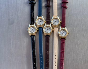 Gold Women’s Watch, Faux Leather Strap, Small Dial Quartz Watch, Gift for Her