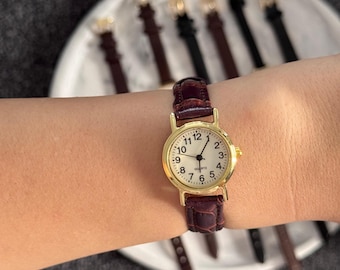 Gold Women’s Watch: Leather Strap, Small Dial Quartz, Minimalist Style, Mother's Day Gift