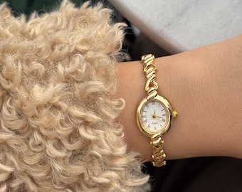 Gold Oval Watch: Minimalist Small Dial Quartz Bracelet, Elegant Jewelry