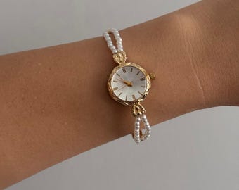 Pearl Bracelet Women’s Watch, Gold Tone Watch, Small Dial Quartz, Gift for Her