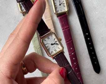 Gold Square Women’s Watch, Faux Leather Strap, Small Dial Quartz Watch, Gift for Her