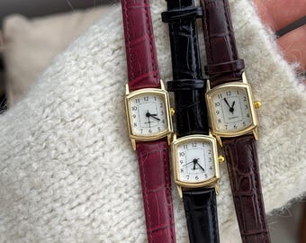Minimalist Square Dial Women Wrist Accessory, Small Elegant Leather Strap Timepiece Gift for Her