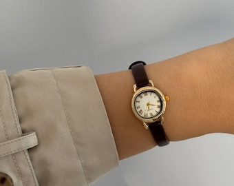 Oval Women’s Watch: Gold Case, Faux Leather Strap, Small Dial Quartz ,Mother's Day Gift