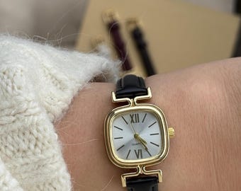 Women Square Dial Watch, Quartz Wristwatch, Faux Leather Strap, Elegant Small Watch, Everyday