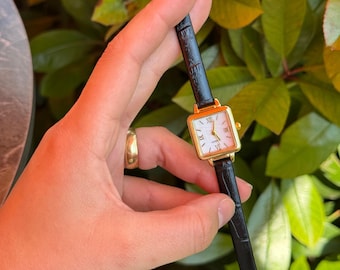 Square Women’s Watch: Gold Case, Faux Leather Strap, Small Dial Quartz ,Gift for Her