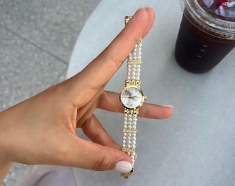 Gold Pearl Bracelet Women’s Watch, Small Dial Quartz, Dainty Style, Gift for Her