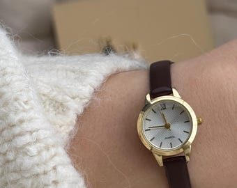 Small Round Dial Watch, Quartz Movement, Faux Leather Strap, Minimal Elegant Gift