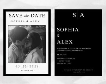 Black and White Save the Date Template, Minimalist Editable Save the Date, Modern Printable 5x7 & A6 Card, Wedding Announcement Template