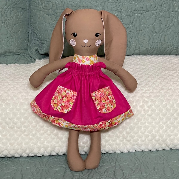 Darling Brown Bunny Plush Doll in Floral Dress - Handmade Stuffed Animal for Storytelling and Collecting - Cute Gift Idea