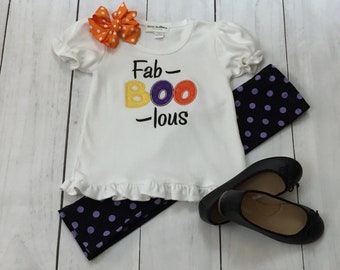 Fab-BOO-lous Halloween Tee Shirt and Leggings Set for Little Girls - 4T Kid's Fall Play Outfit - Purple Polka Dot Pants - Birthday Outfit