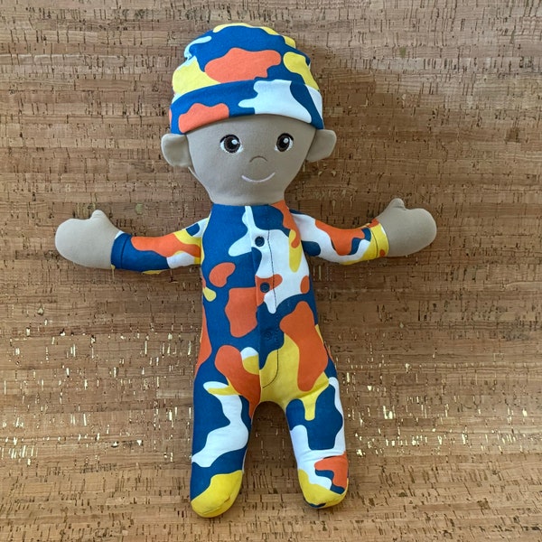 Adorable Stuffy Doll in Navy-Orange-Yellow-White Camo PJs - Perfect Cuddly Companion for Kids - Handcrafted Stuffy in Soft PJs for Kids